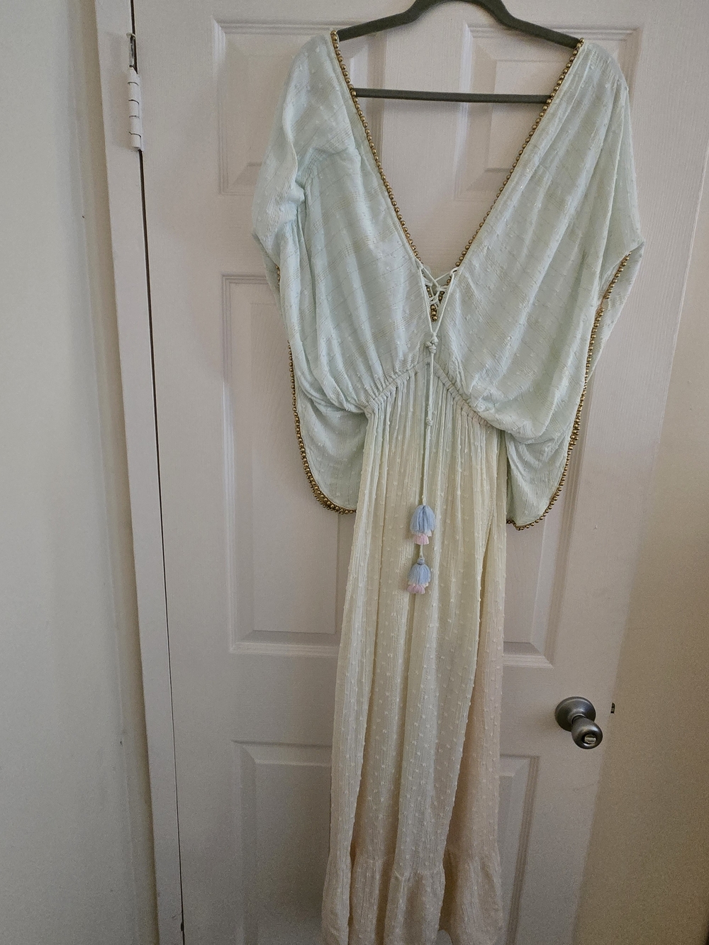 Light Mint and Cream Boho Maxi Dress with Tassel